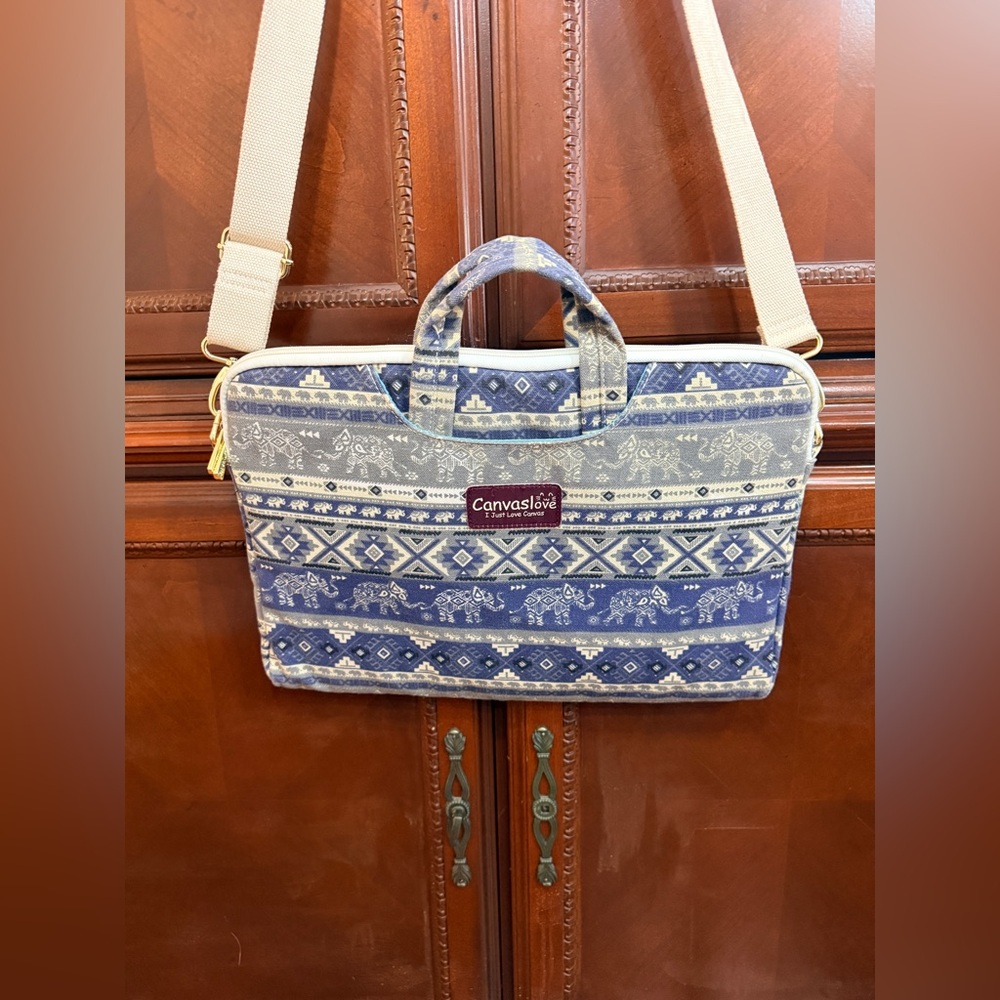 Canvaslove EUC Blue Tribal Print
Laptop Bag Crossbody or Briefcase 
Many pockets